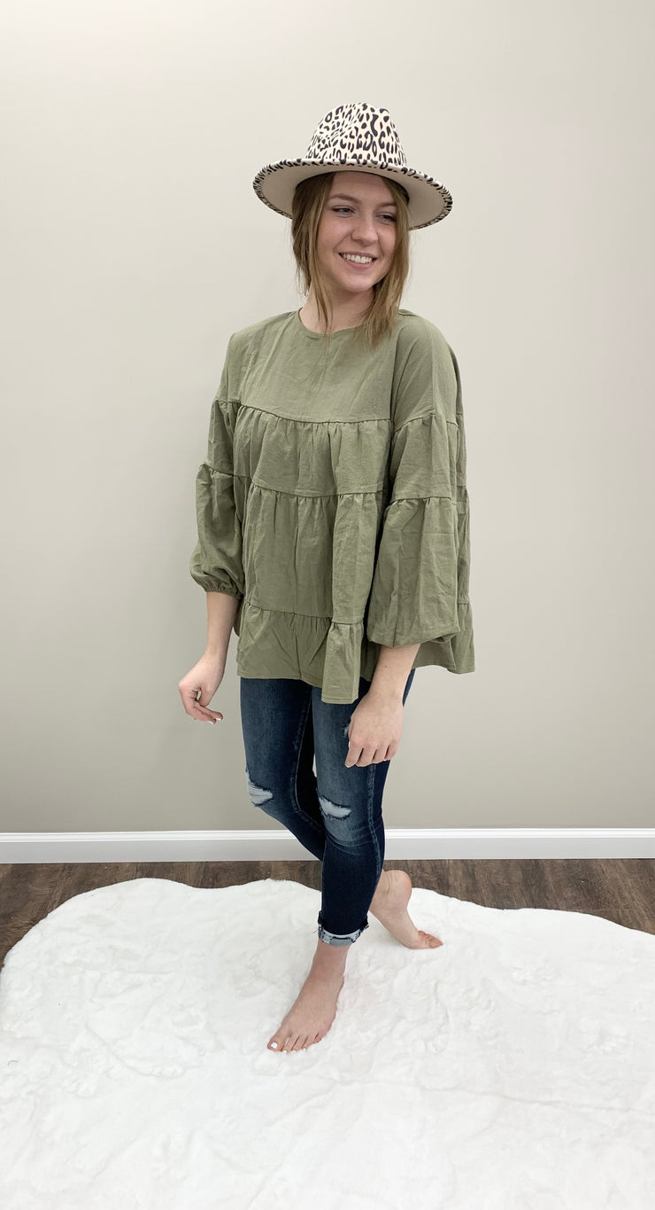 Maddie Olive Green Tiered Blouse